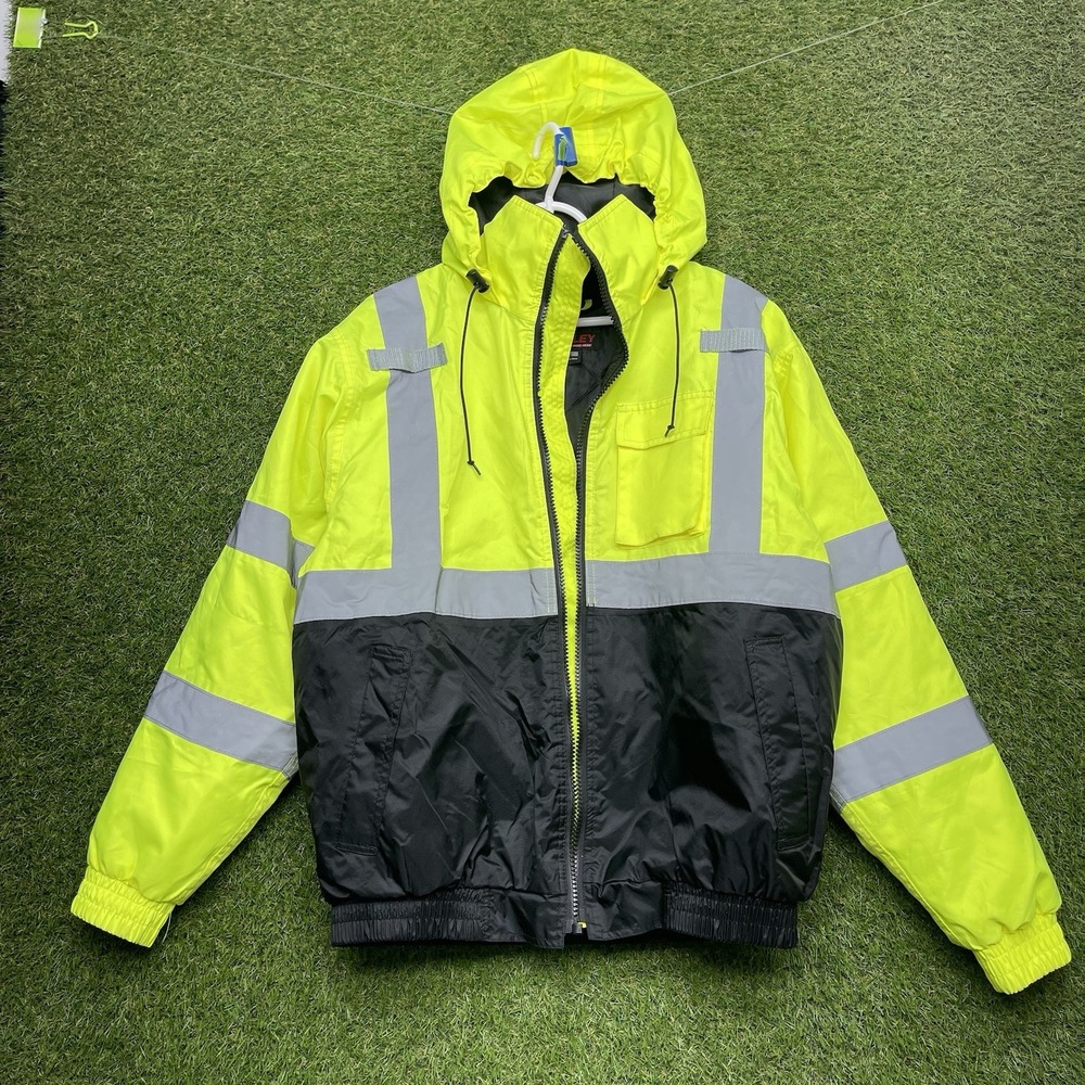 Tingley Hi-Vis Safety Jacket Mens Large Yellow Black Reflective Hood Broken Zip